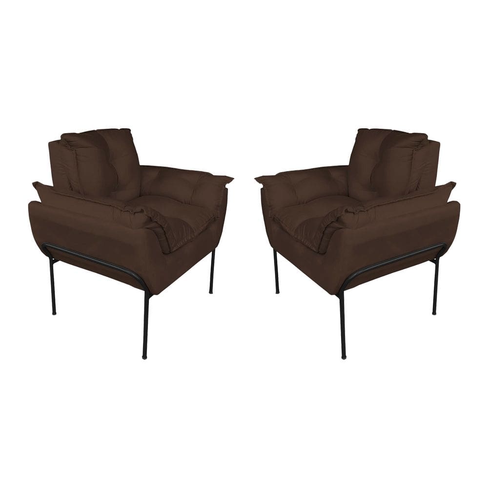 Kit 2 Poltronas Luxo Suede Marrom Base de Ferro Preta - Vallisa Decor