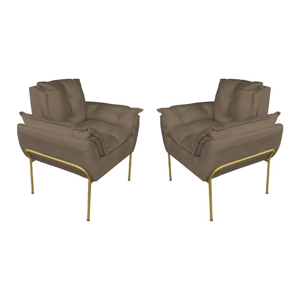 Kit Poltrona Recepção Suede Cappucino Base Dourada - Vallisa Decor