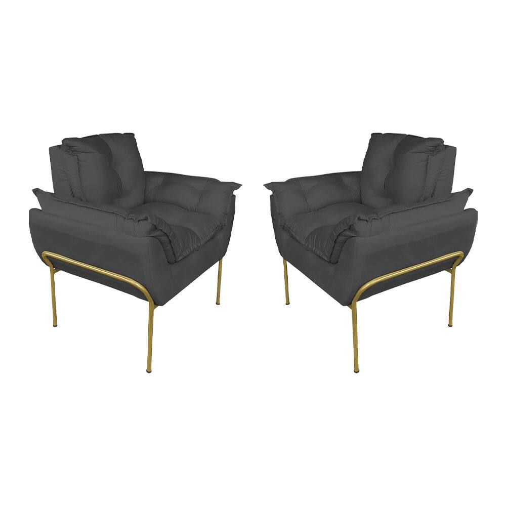 Kit Poltrona Recepção Suede Cinza Base Dourada - Vallisa Decor