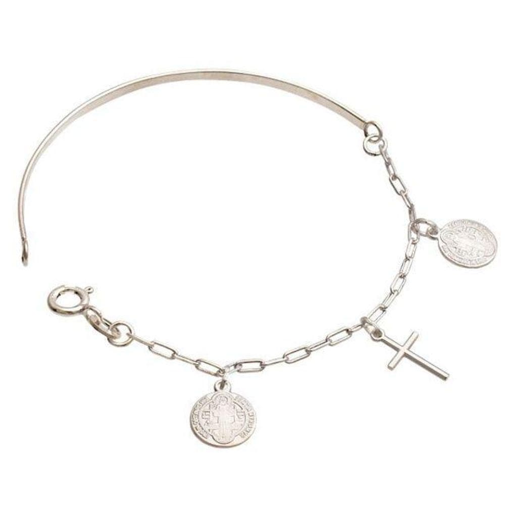 Bracelete Prata Meia Cana Corrente 2 São Bento 1 Cruz Palito