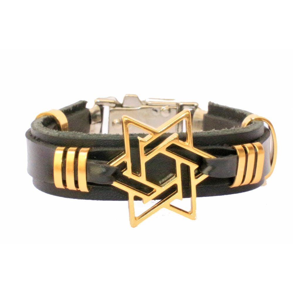 Pulseira De Couro Estrela De Davi Verniz Gospel Regulável