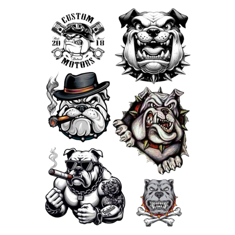 6 Tatuagens Temporaria Tema Buldogue Mod.1