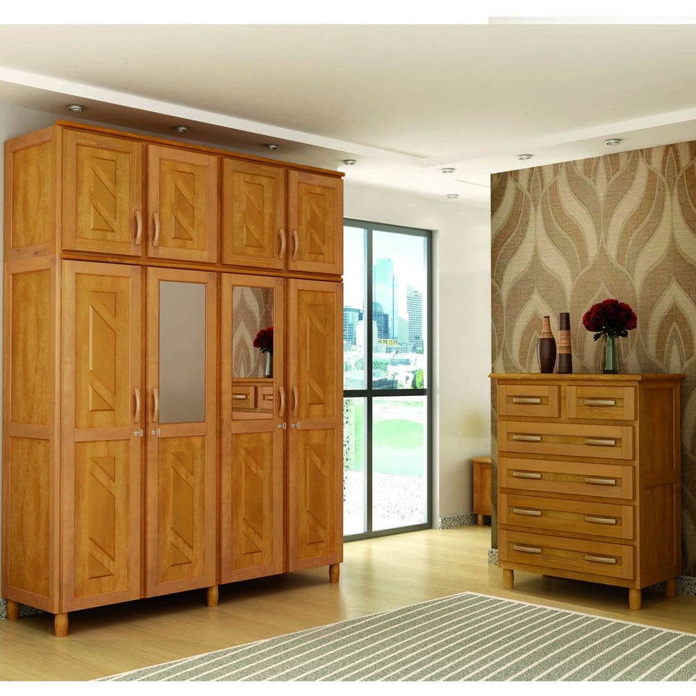 Conjunto de Quarto Grécia: Guarda-Roupa 8 Portas c/ Maleiro Cômoda 6 Gavetas Madeira Pinus Freijó - Cavazotto