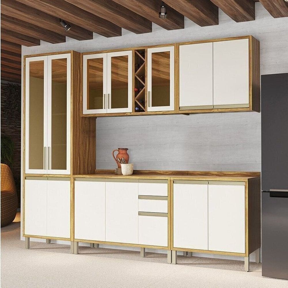 Cozinha Modulada Completa 270cm 5 Peças 13 Portas com Tampo 100% MDF Barbados Espresso Móveis Amêndoa/Off White