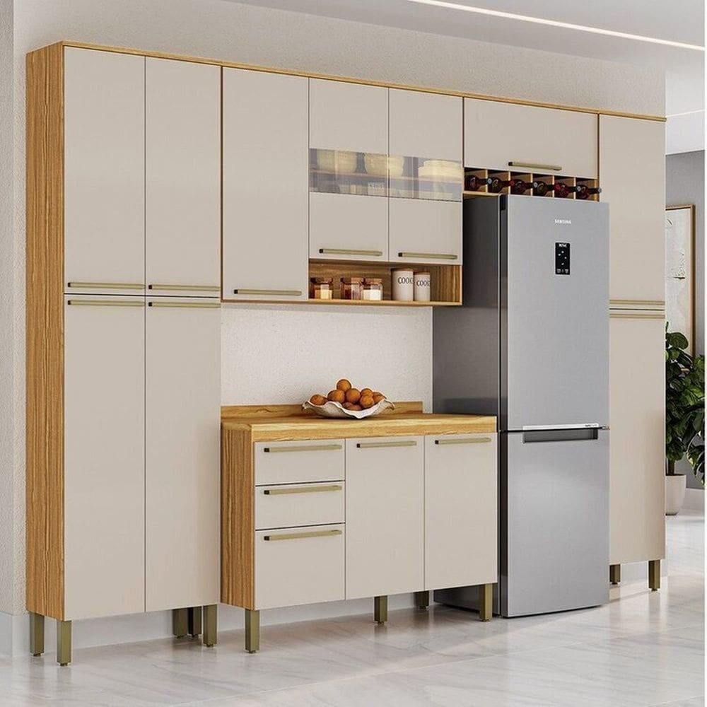 Cozinha Completa Modulada 300cm 5 Peças com Tampo 100% MDF Itália Espresso Móveis Amêndoa/Off White
