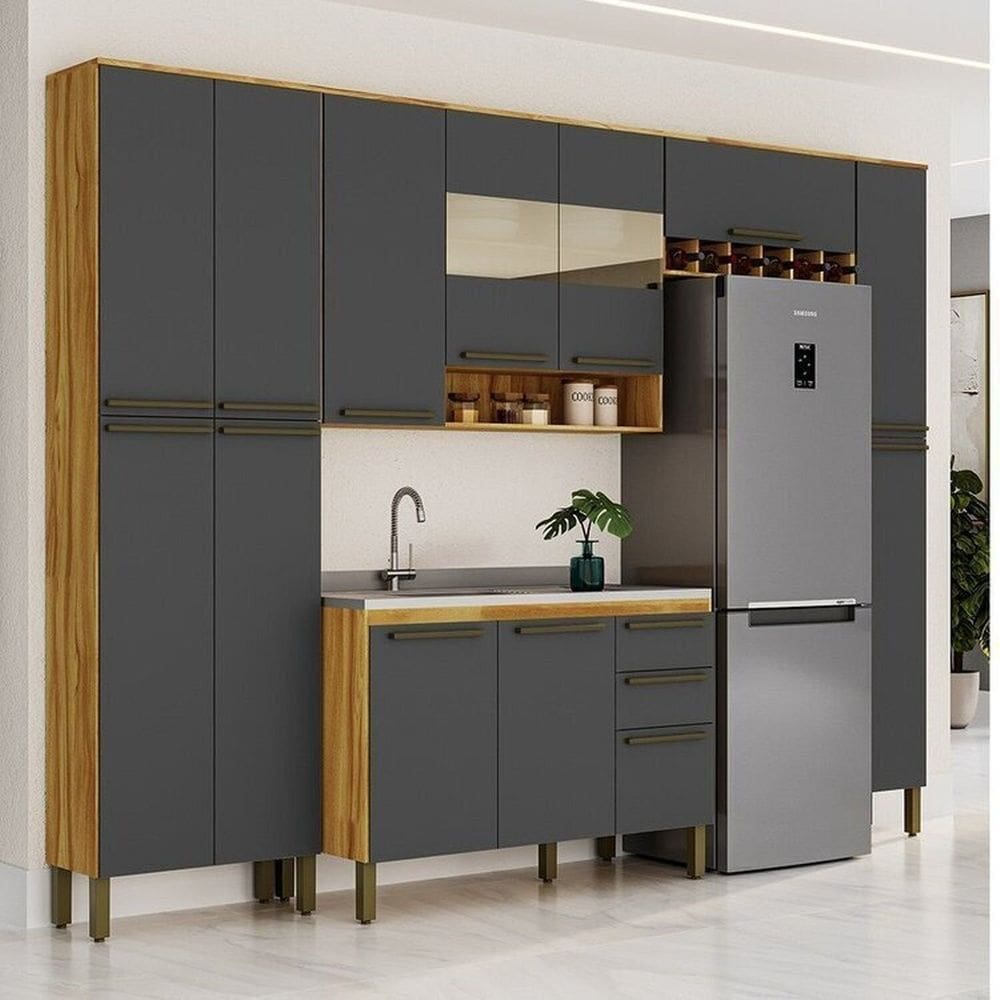 Cozinha Completa Modulada 300cm 5 Peças sem Tampo 100% MDF Itália Espresso Móveis Amêndoa/Cinza