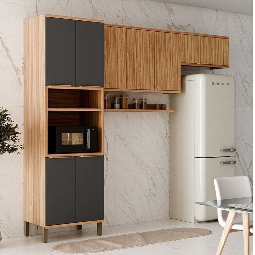 Cozinha Modulada Compacta 270cm 3 Peças 8 Portas 100% MDF Noruega Espresso Móveis Amêndoa/Cinza