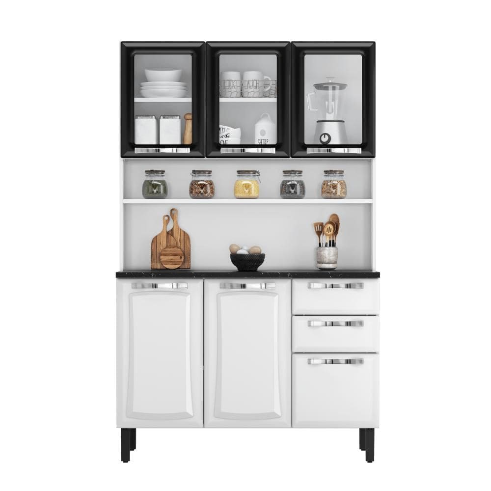 Kit de Cozinha Compacta Branco e Preto 120cm em Aço Pratika