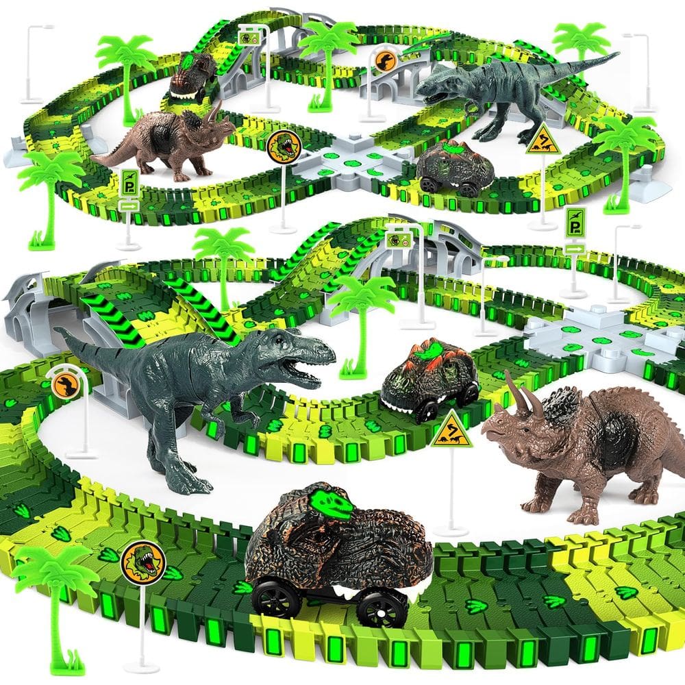 Conjunto de brinquedos Desuccus Dinosaur World Road Race Tracks com 2 carros