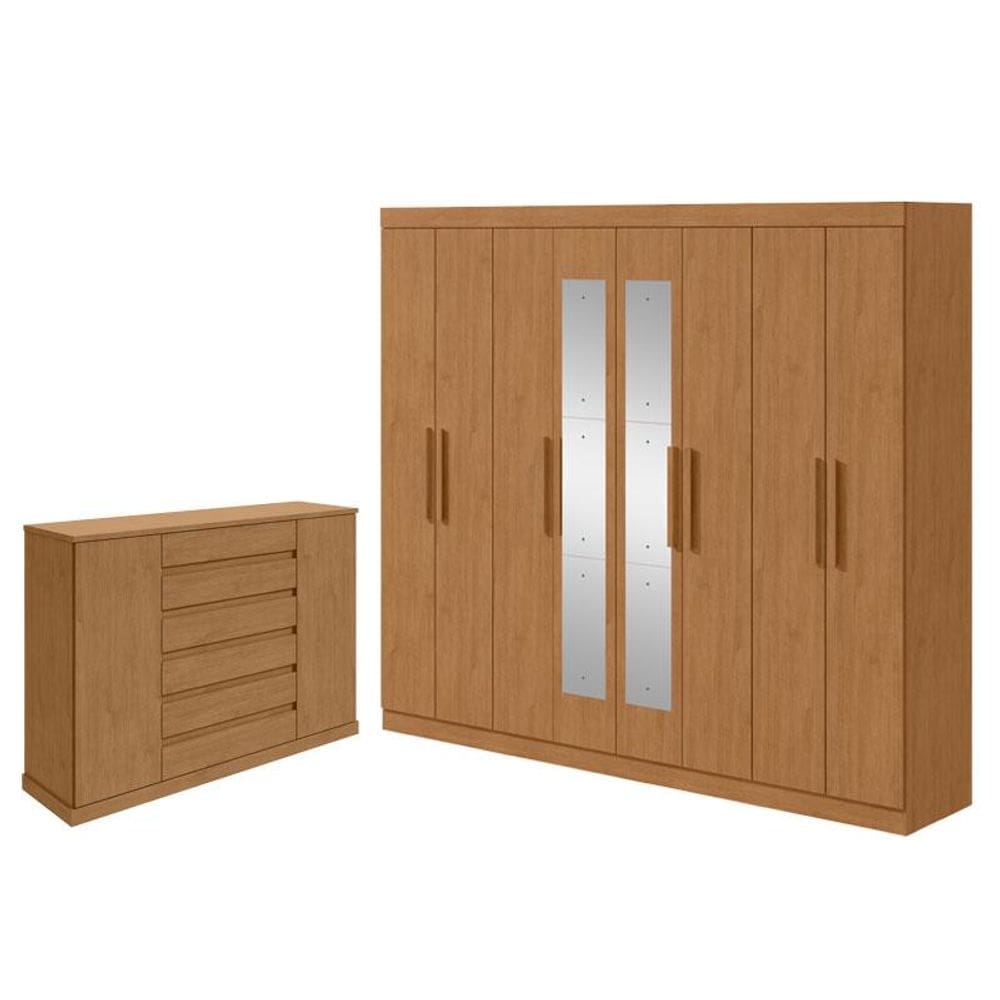 Guarda Roupa Casal Andara Soft com Espelho e Cômoda Sapateira Vedra Amêndoa Clean - Lopas