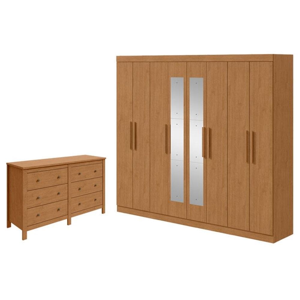 Guarda Roupa Casal Andara Soft com Espelho e Cômoda Horizontal Maggiore Amêndoa Clean - Lopas