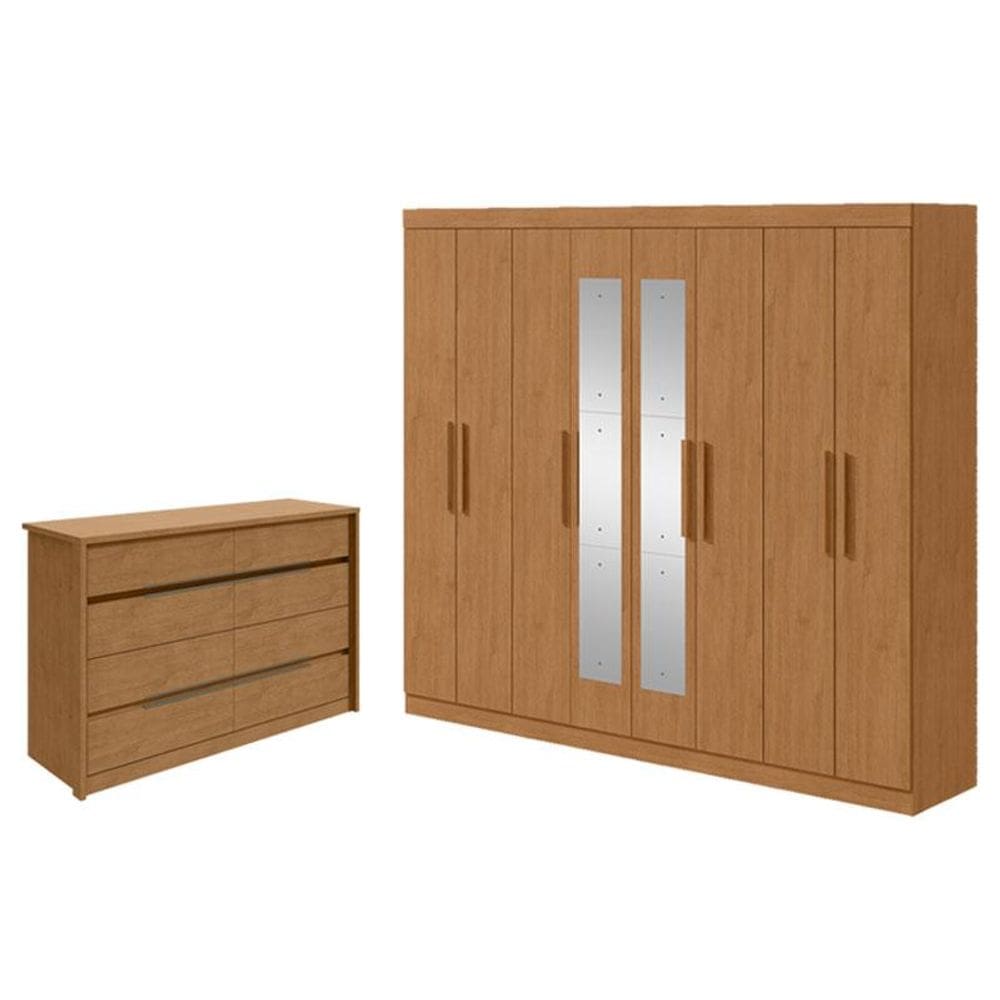 Guarda Roupa Casal Andara Soft com Espelho e Cômoda Gaveteiro Urban Amêndoa Clean - Lopas