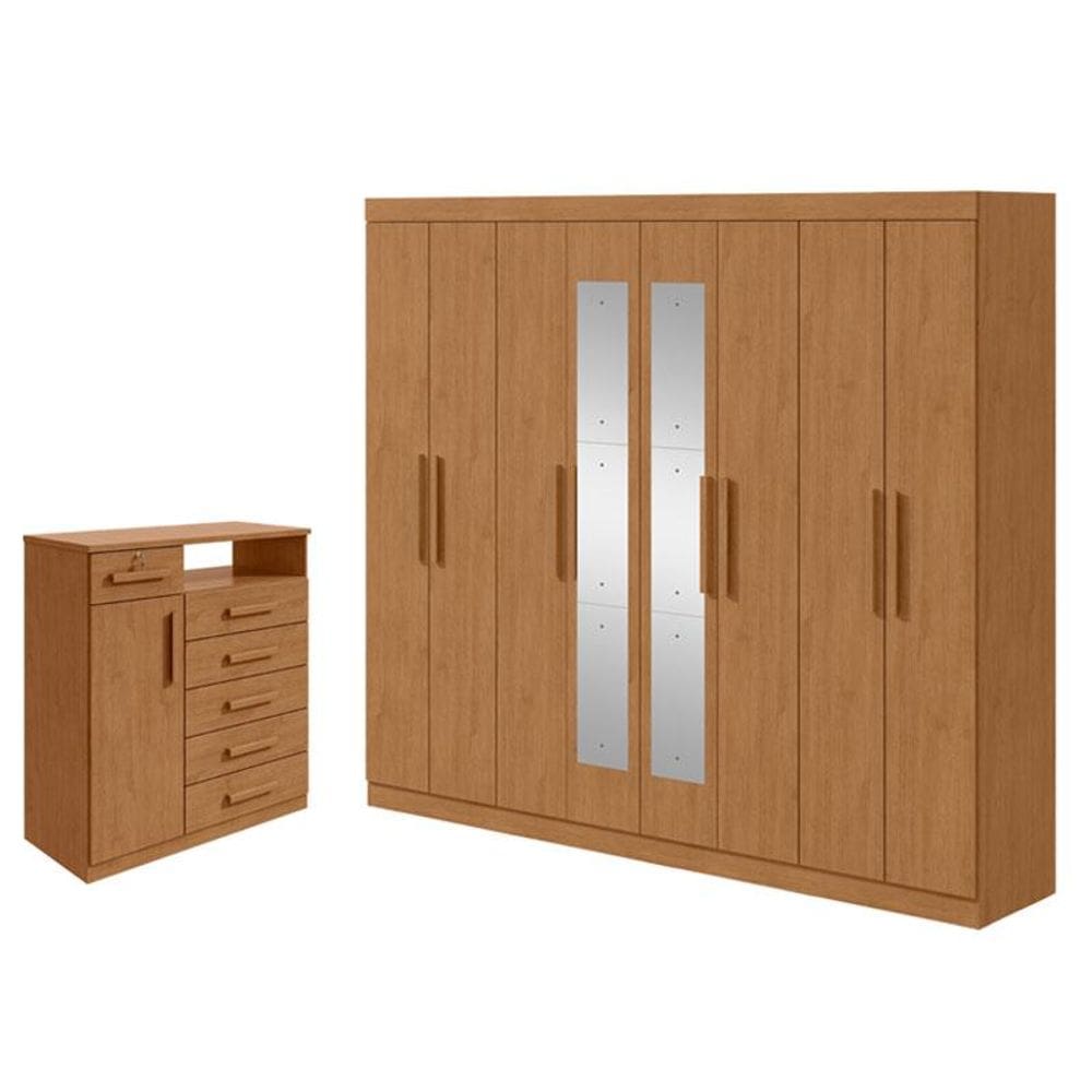 Guarda Roupa Casal Andara Soft com Espelho e Cômoda Sapateira Da Vinci Amêndoa Clean - Lopas