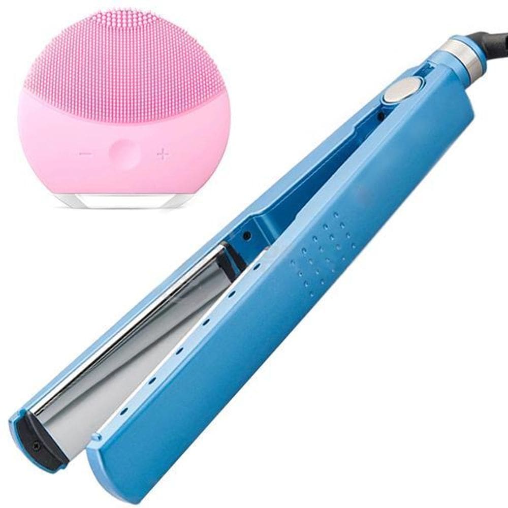 Kit 1 Chapinha Prancha de Cabelo + 1 Esponja Facial Rosa Bebê Bivolt