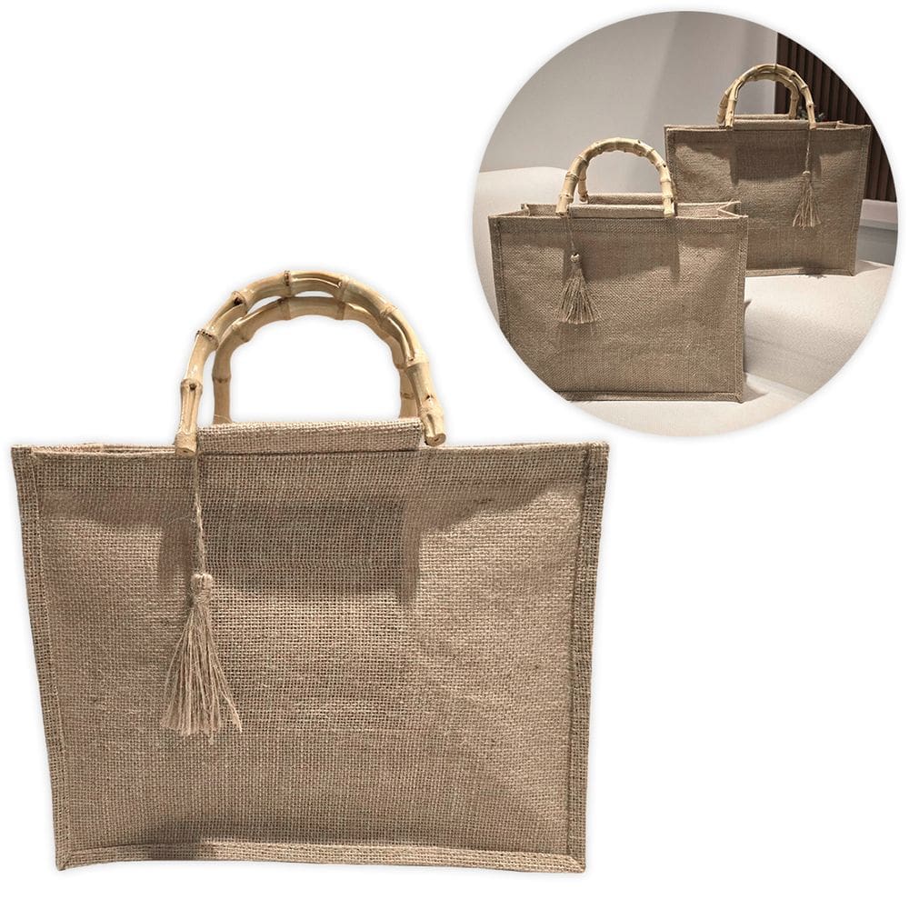 Bolsa De Juta Palha Alça Bambu Feminina Praia Piscina Grande Bege