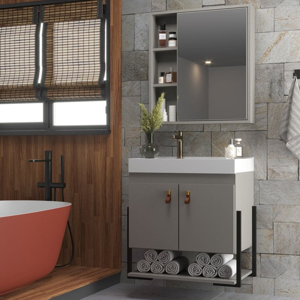 Conjunto Balcão para Banheiro com Espelheira Maré Cimento