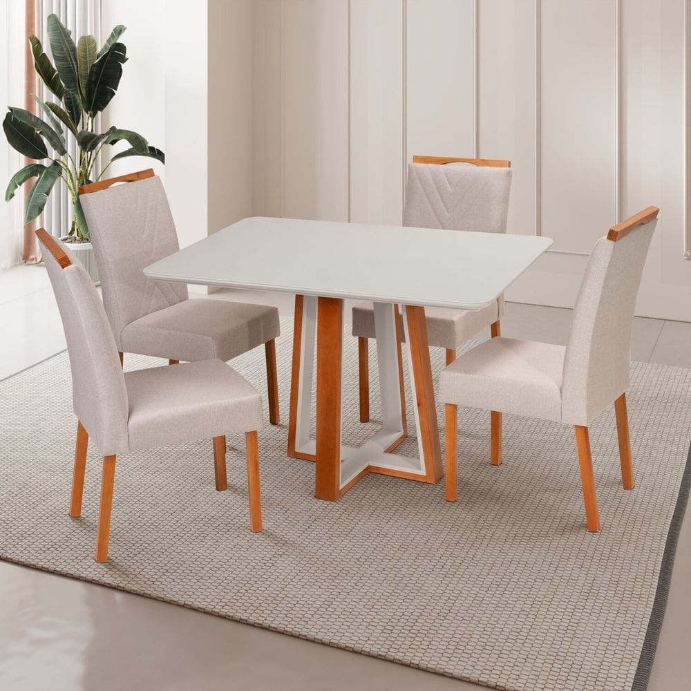 Conjunto Mesa Viena com 4 Cadeiras de Madeira Maciça, Estofada e Bordada Liz Authentic Espresso Móveis Champagnhe/Off White/Cinza