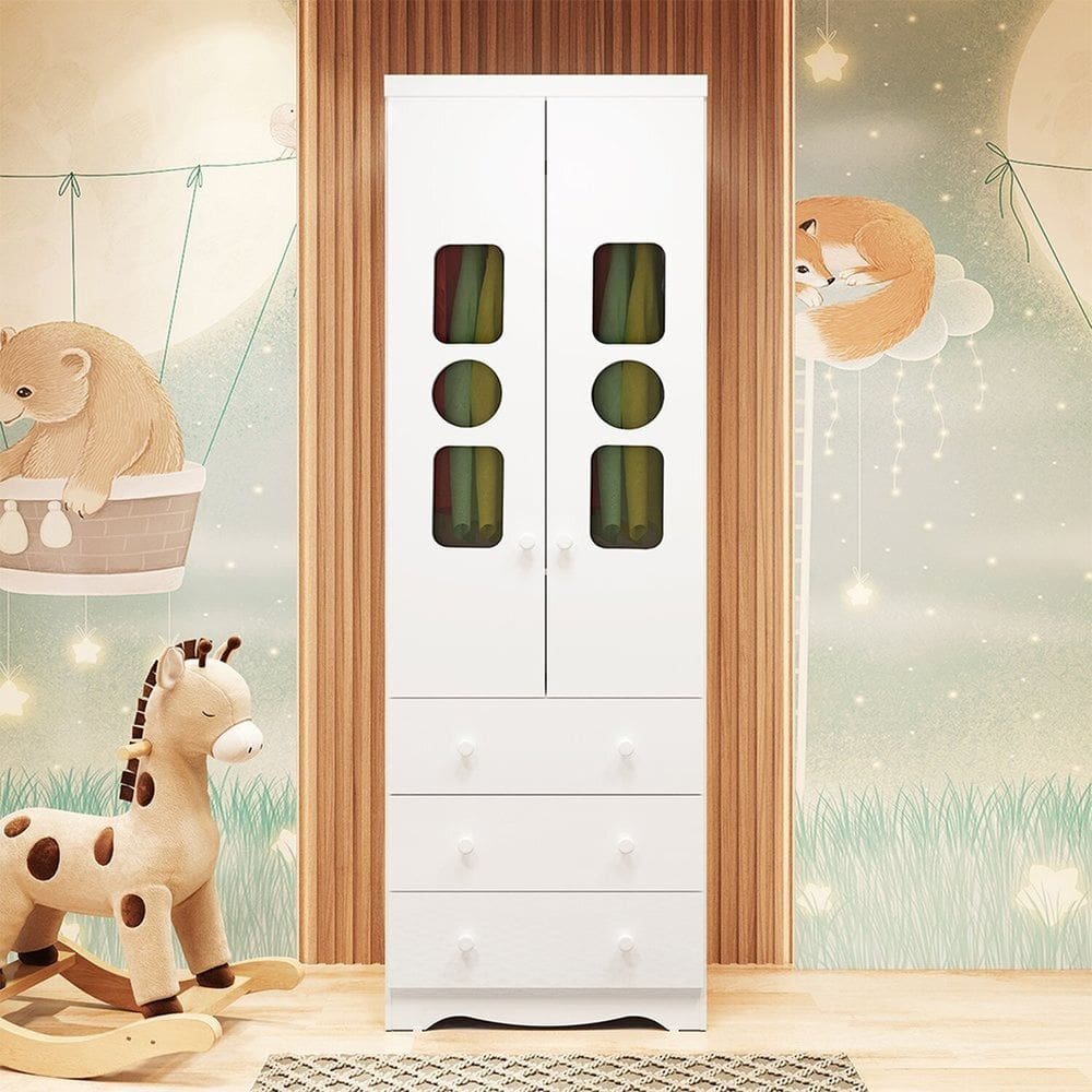 Guarda-Roupa Infantil 61,7cm 2 Portas 3 Gavetas com Janelas sem Pés Ezra 100% MDF Espresso Móveis Branco