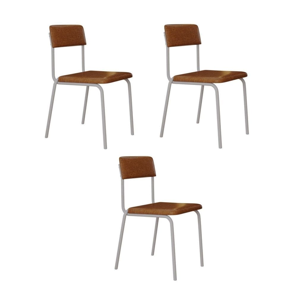 Conjunto 3 Cadeiras Estofadas Fixa Empilhável Fit Caramelo / Branco Fosco