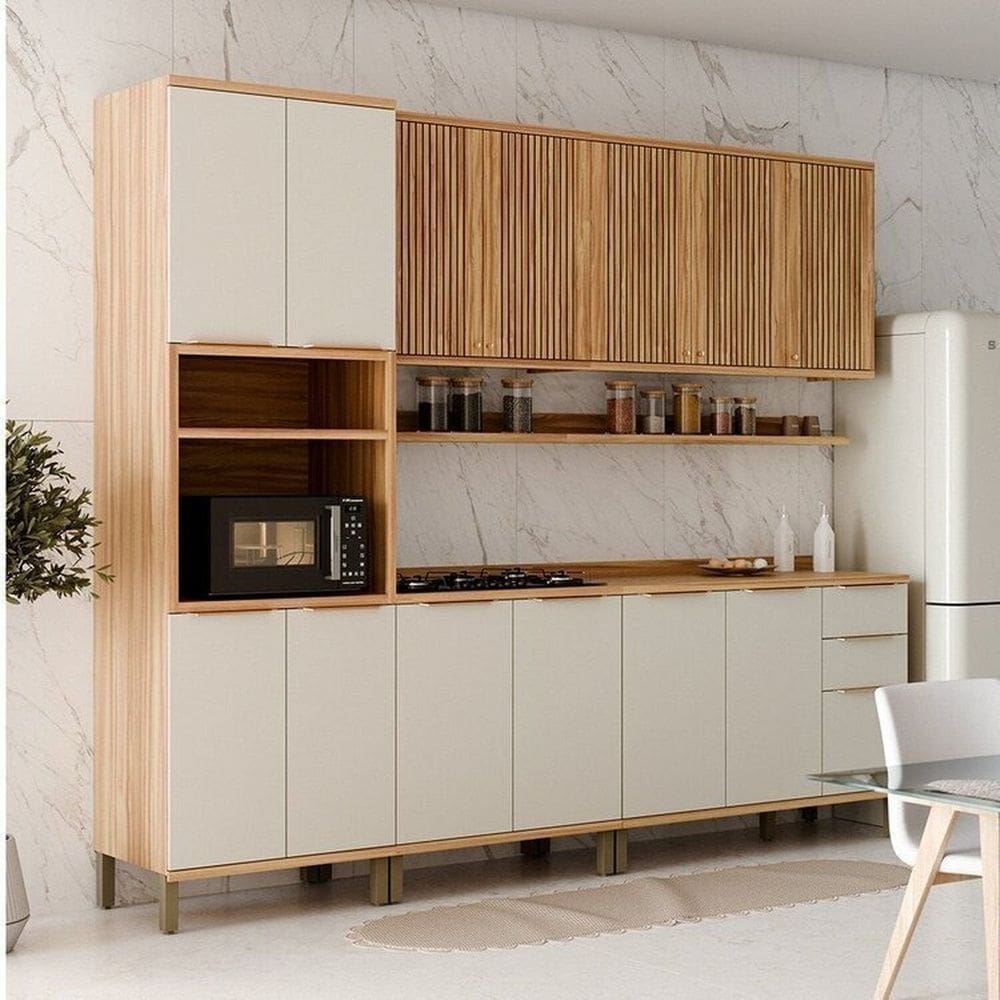 Cozinha Modulada Completa 270cm 5 Peças 13 Portas com Tampo 100% MDF Noruega Fresada Espresso Móveis Amêndoa/Off White