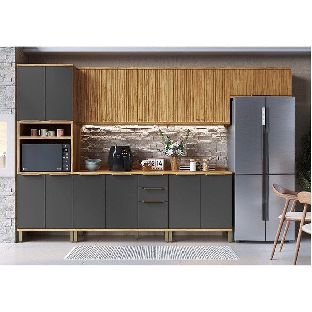 Cozinha Modulada Completa 350cm 6 Peças 14 Portas com Tampo 100% MDF Noruega Fresada Espresso Móveis Amêndoa/Cinza