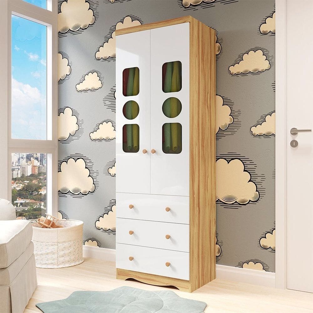 Guarda-Roupa Infantil 61,7cm 2 Portas 3 Gavetas com Janelas sem Pés Ezra 100% MDF Espresso Móveis Branco/Amêndoa