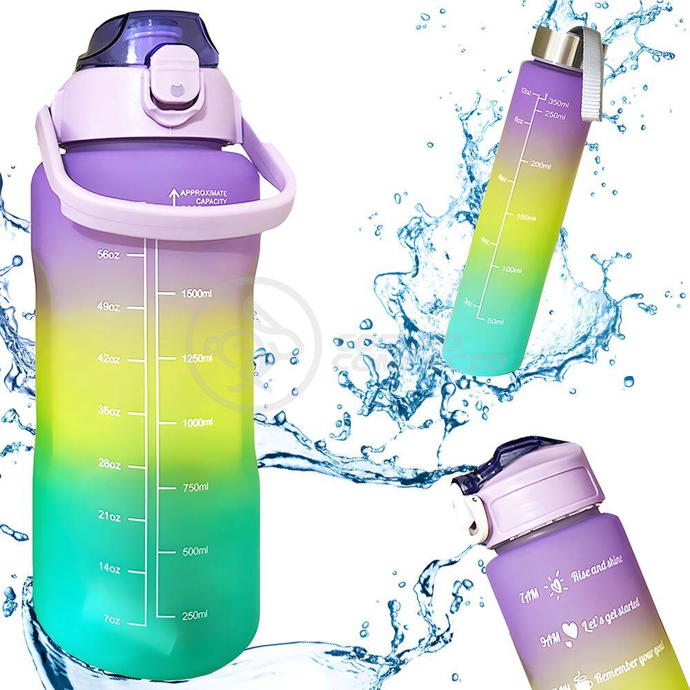 Conjunto de Garrafas Motivacionais 3 em 1 Roxa Academia Tie-Dye Squeeze Alça + Adesivos 2D e 3D