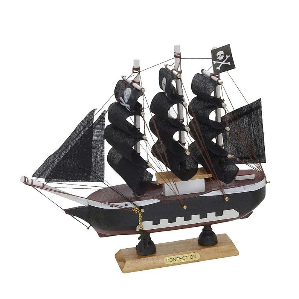 Escultura Barco Em Madeira E Tecido Preto E Branco – 18Cm