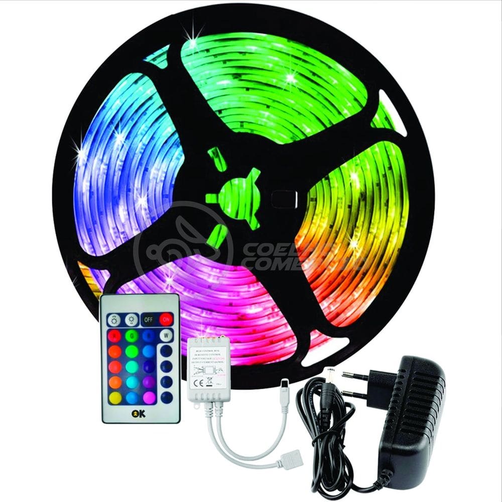 Kit Completo Fita LED 5m Rgb 16 Cores 5050 300 Leds + Fonte + Controle