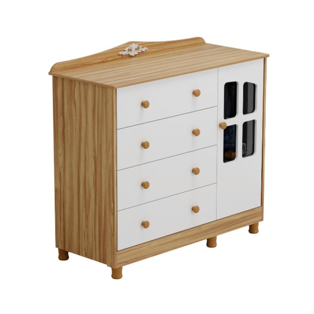 Cômoda Infantil Elô Peroba Branco Amêndoa MDF 1 Porta Vidro