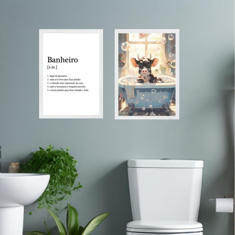 Kit 2 Quadros Decorar Banheiro - Boizinho 45X34Cm