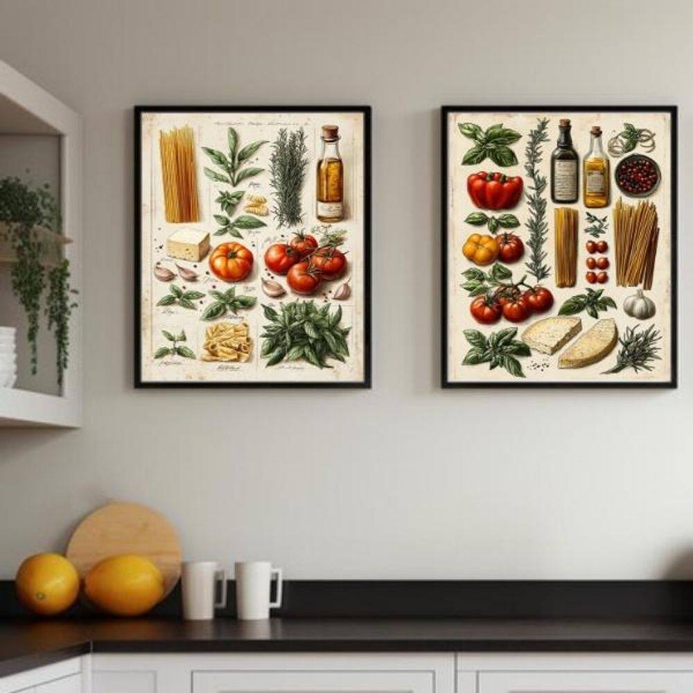 Kit 2 Quadros Cozinha Italiana Vintage Ingredientes 45X34Cm