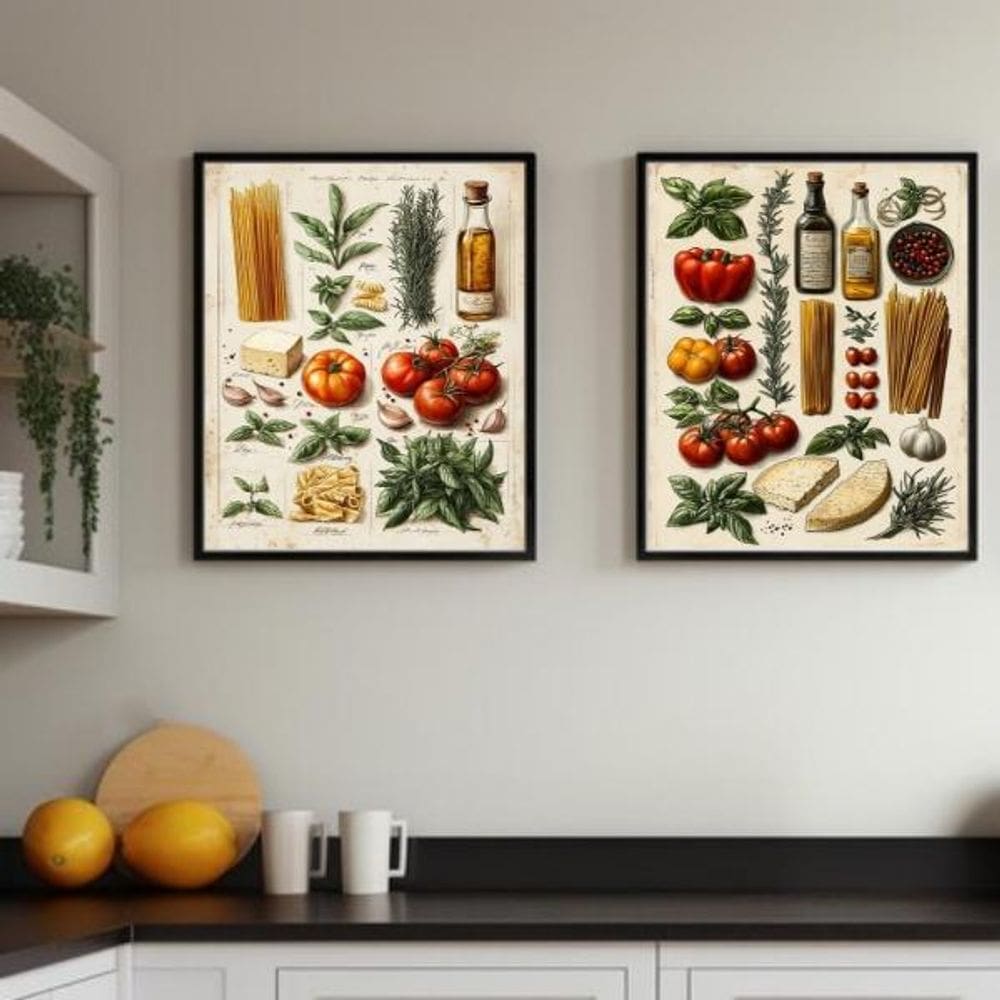 Kit 2 Quadros Cozinha Italiana Vintage Ingredientes 45X34Cm