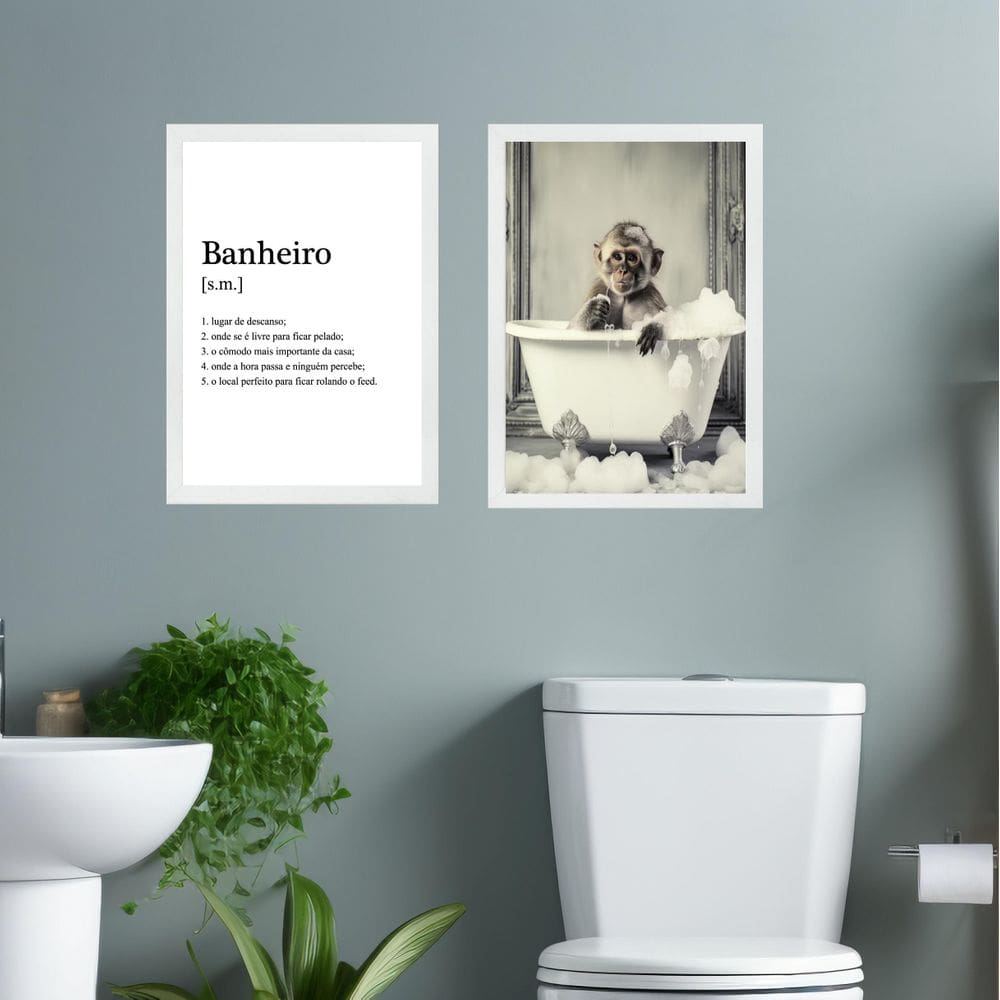 Kit 2 Quadros Decorar Banheiro - Macaquinho 45X34Cm - Vidro