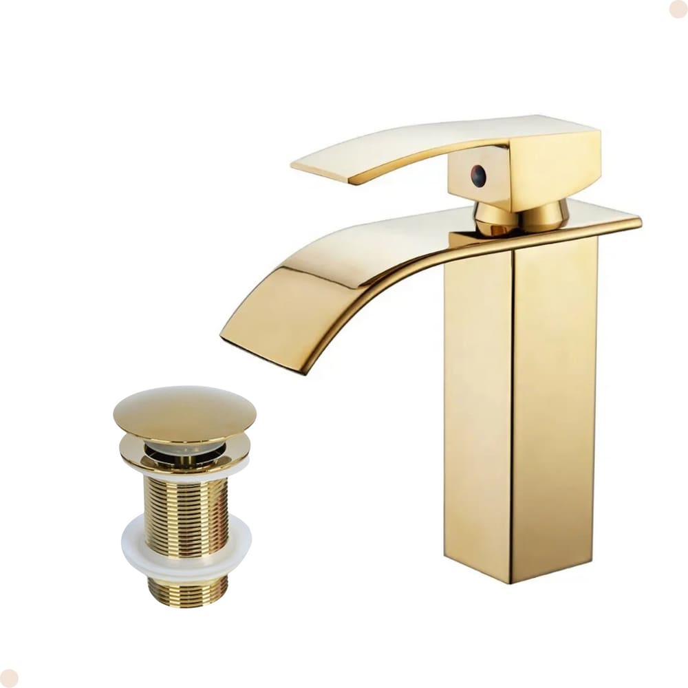 Kit Torneira para Banheiro Misturador Monocomando Cascata Baixa Dourada Com Válvula Ralo Click-Up Luxo Dourada