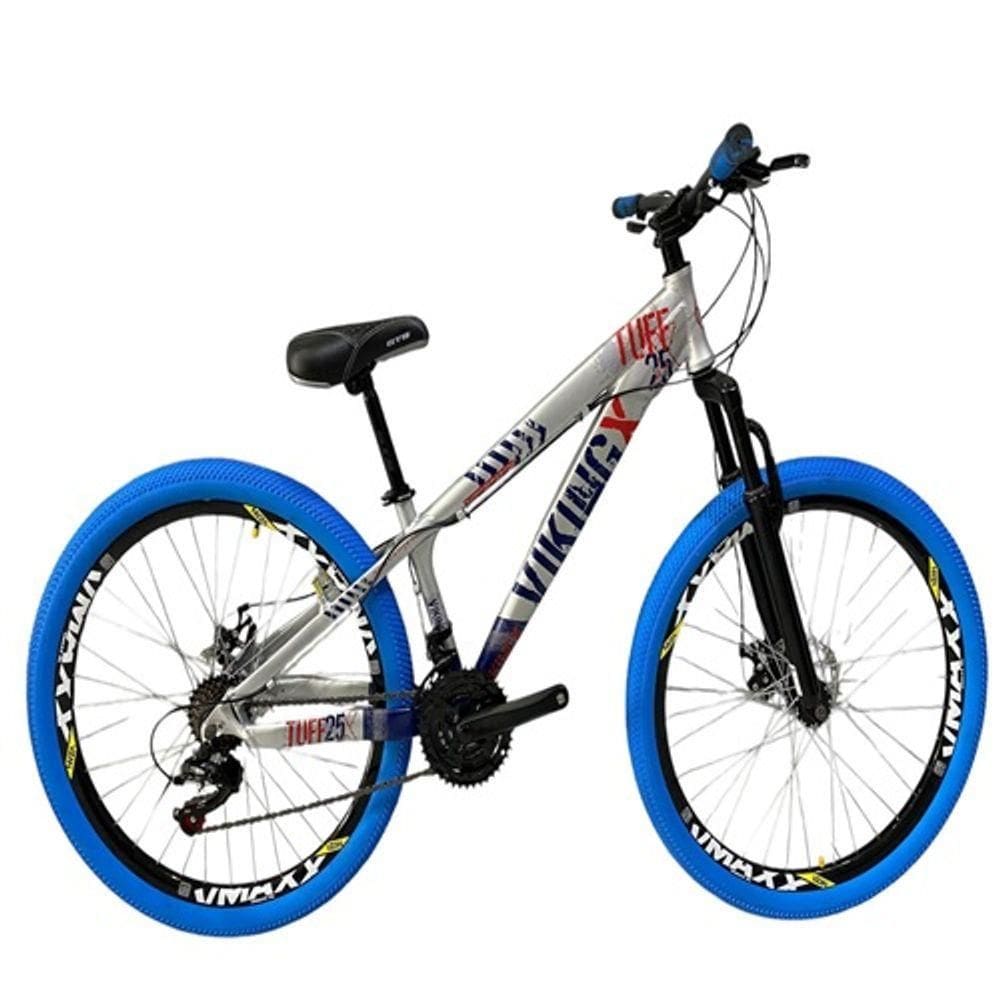 Bicicleta Vikingx Prata Azul Aro 26 Câmbios Shimanos Aro Vmaxx Pneu Azul