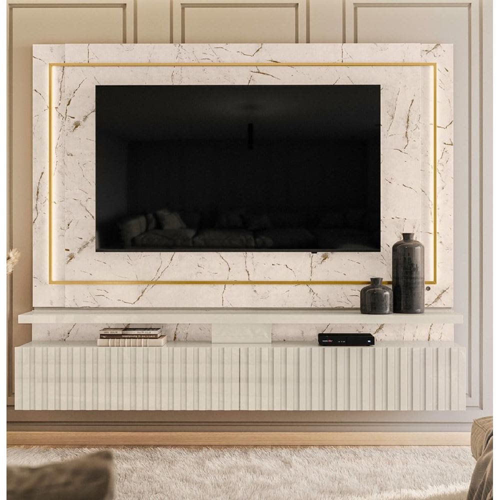 Rack Suspenso Gaia com Led e 2 Gavetas Com Detalhes Ripado Calacata Off White Madetec