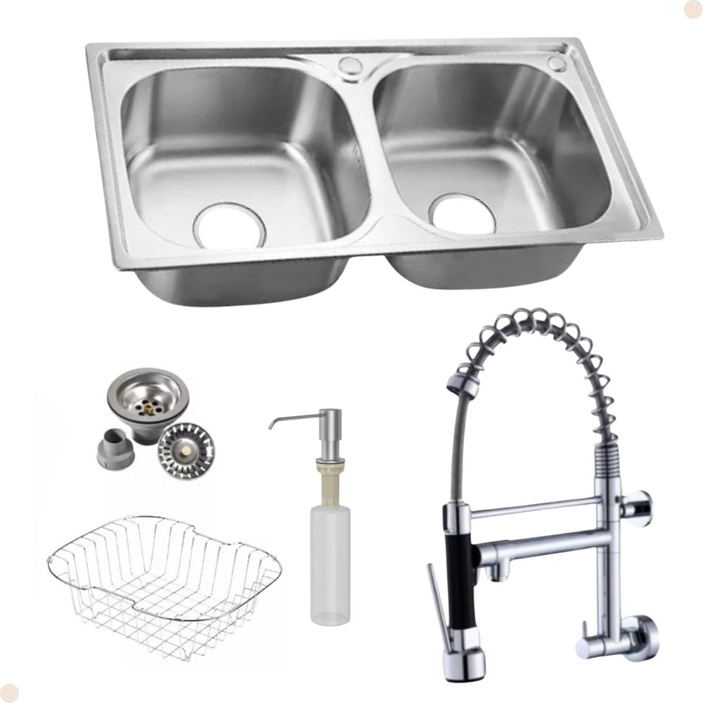Kit Cuba Gourmet Dupla Inox Com Acessórios E Torneira Gourmet Vip Parede Cromada