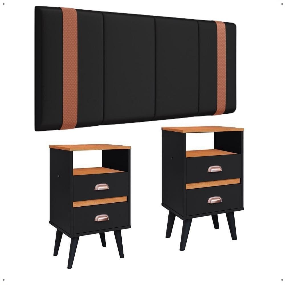 Kit Mesa Cabeceira Classic Gavetas Organizadoras Retrô Preto/Cinamomo Painel Suspenso Estofado Cama Box Casal 1,40 Suede - Lojas RPM
