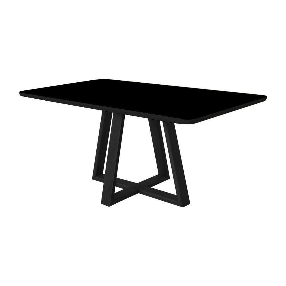 Mesa De Jantar 160x90 Tampo MDF Vidro Para 6 Lugares Pés Madeira Maciça Pérola Preto Preto