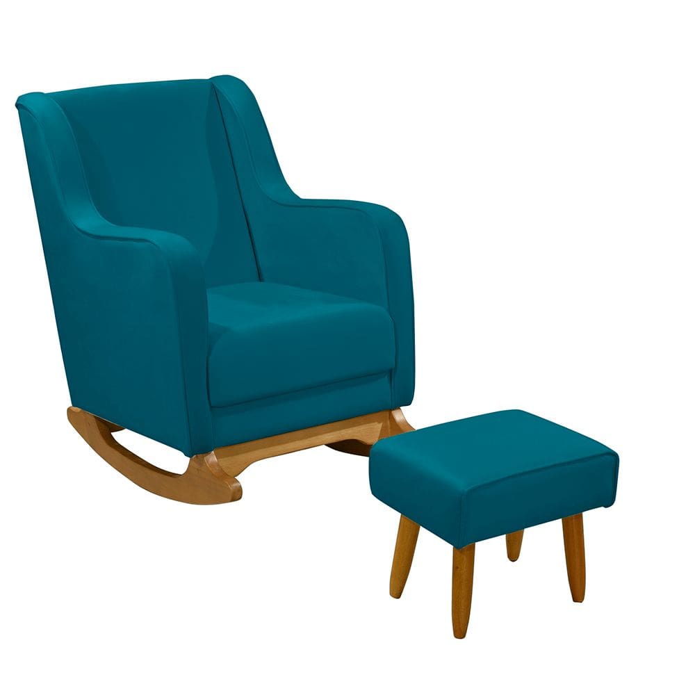 Poltrona de Amamentação com Balanço e Puff Ariely Veludo Azul M13 - D`Rossi