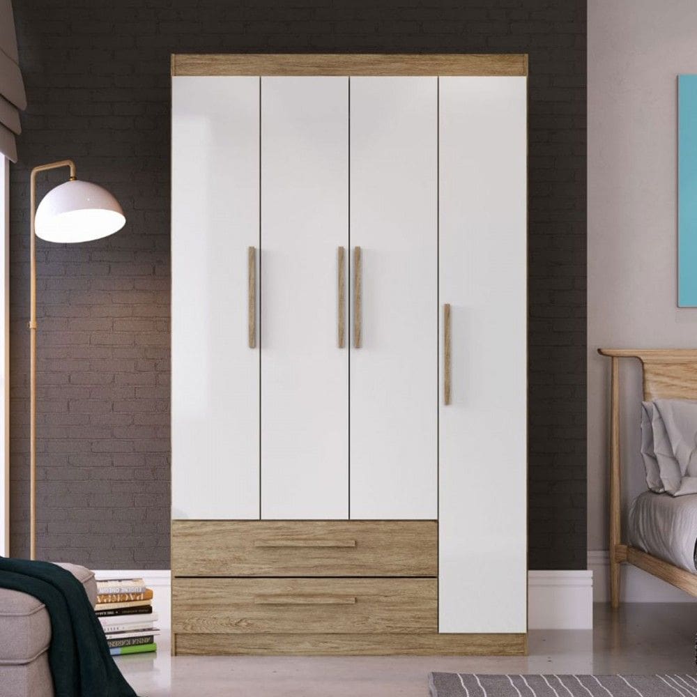 Guarda-Roupa Solteiro 4 Portas 2 Gavetas Wood/Branco Brilho - Decibal