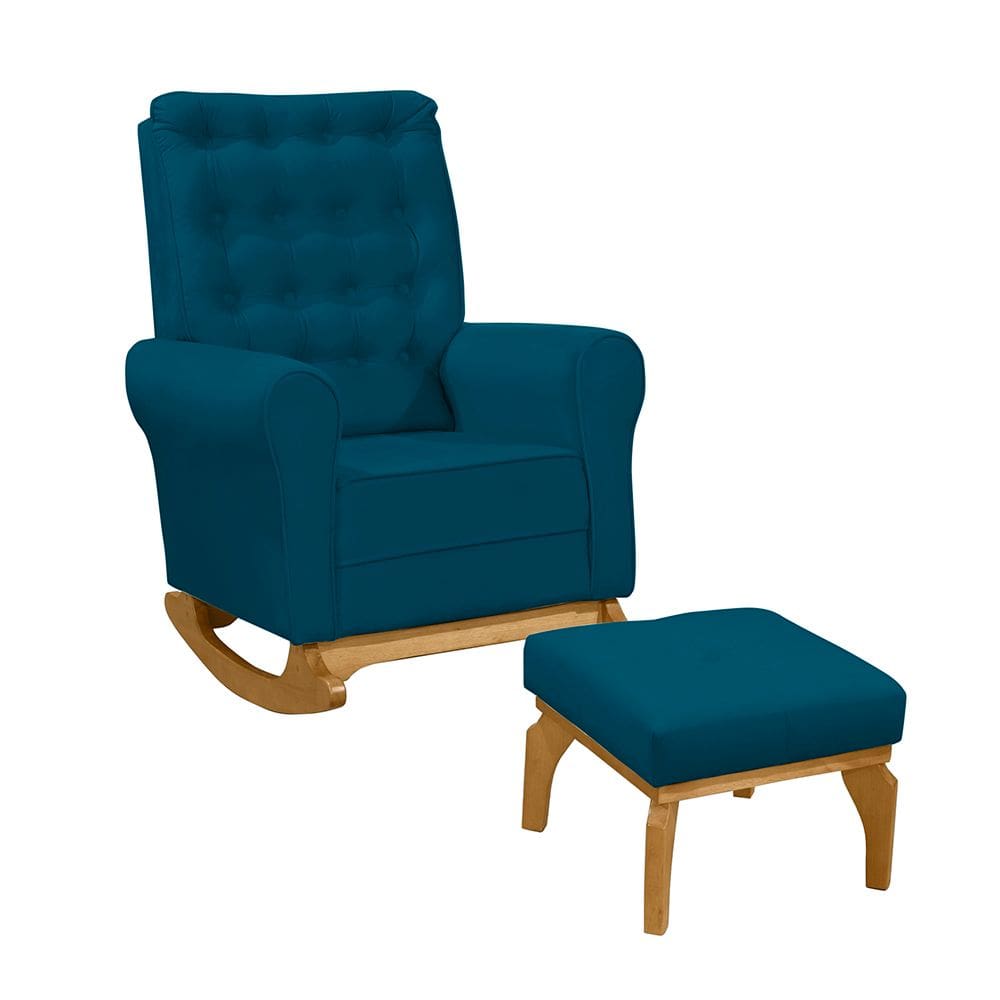 Poltrona de Amamentação com Balanço e Puff Thaila Veludo Azul M13 - D`Rossi