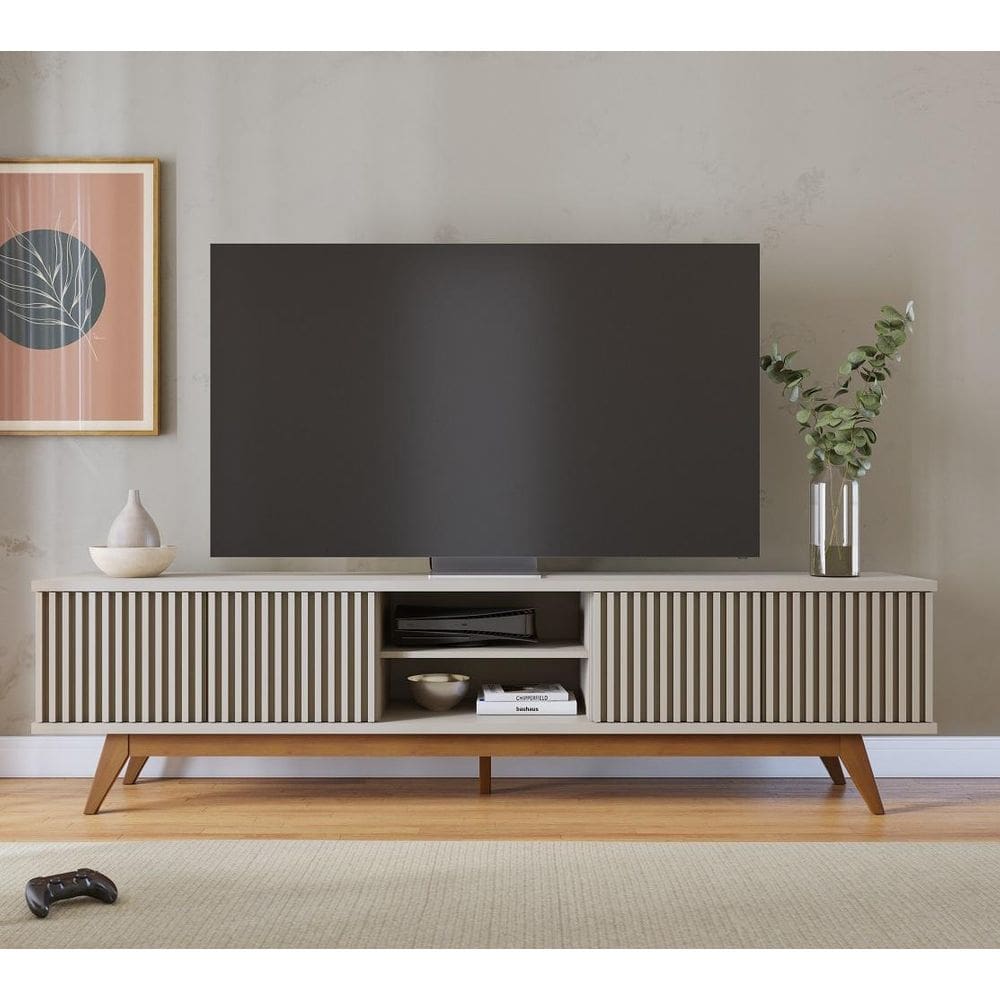 Rack Bancada Fortaleza 4 Portas Ripadas e Pés Retrô Off White Matte - Colibri