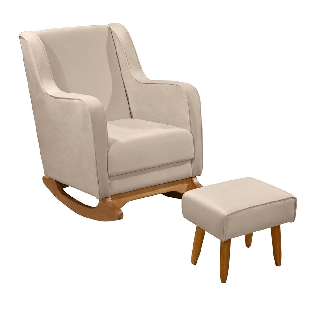 Poltrona de Amamentação com Balanço e Puff Ariely Veludo Bege M13 - D`Rossi