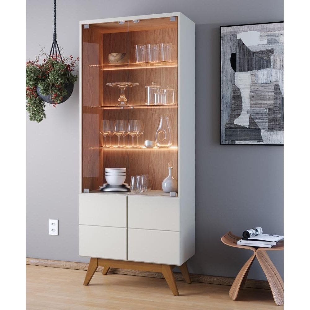 Cristaleira Noronha 02 Portas Abertura Fecho ao Toque e Led Off White Matte / Freijó - Colibri