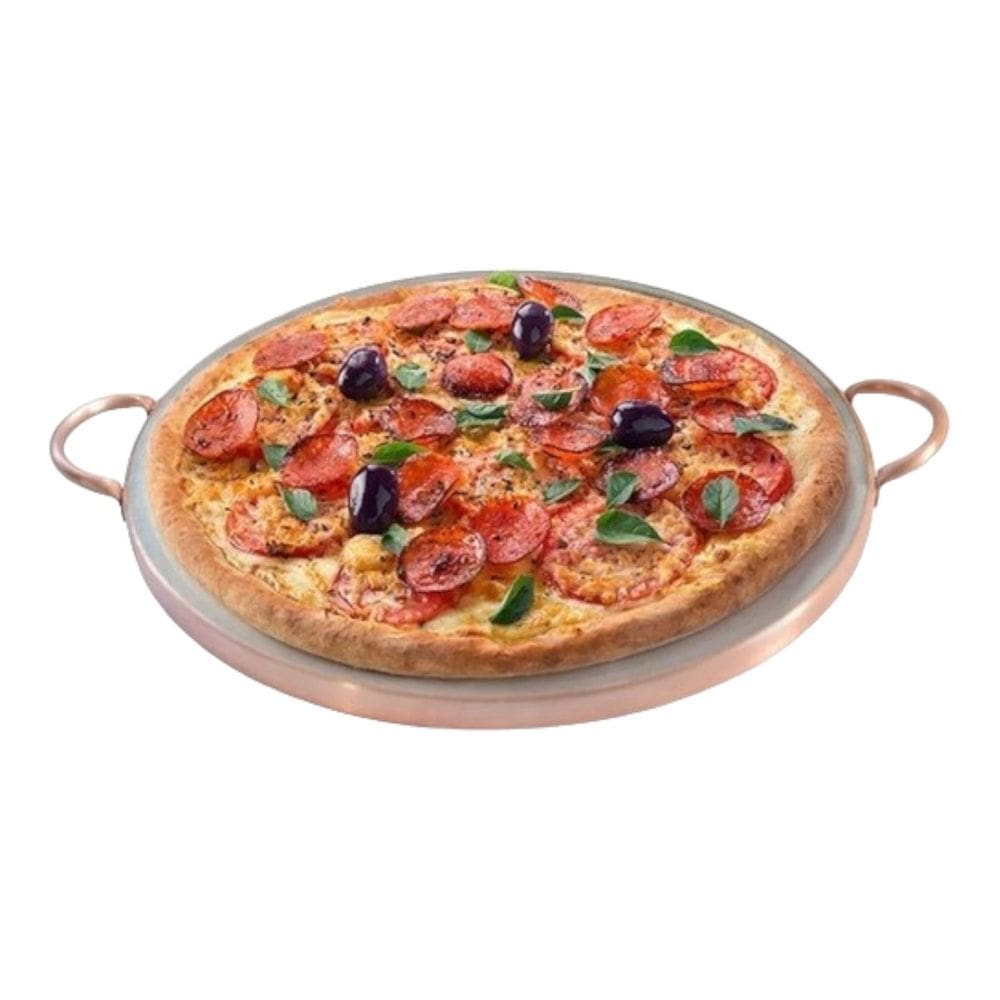 Forma de Pedra Sabão para pizza 27 cm alças de cobre curada
