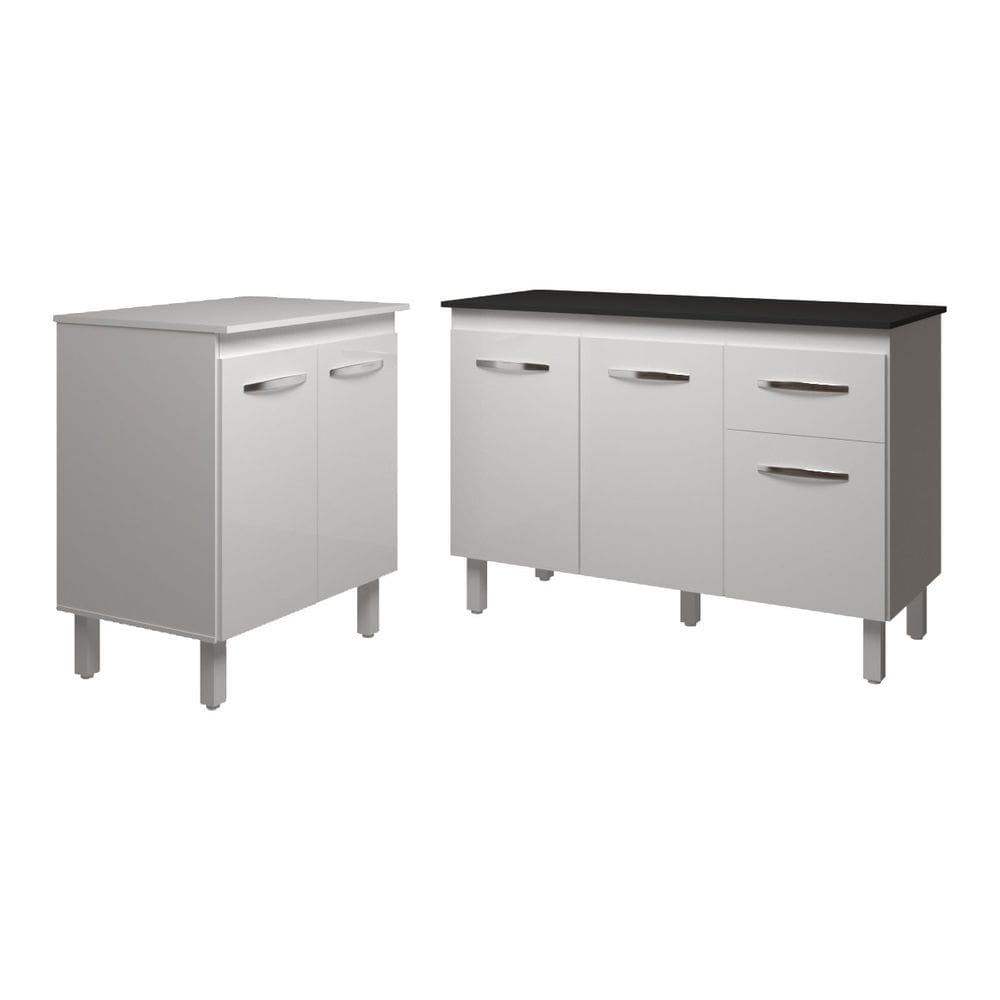 Balcão Para Microondas ou Forno Branco e Armário Aline 118 cm Cozinha Gabinete Branco com Tampo Tampão Preto