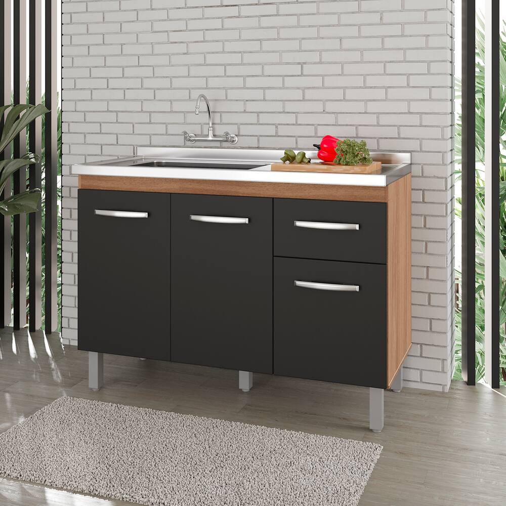 Balcão para Pia de Cozinha Anita 120cm com 3 Portas e 1 Gaveta Savana/preto A21 – Moblis