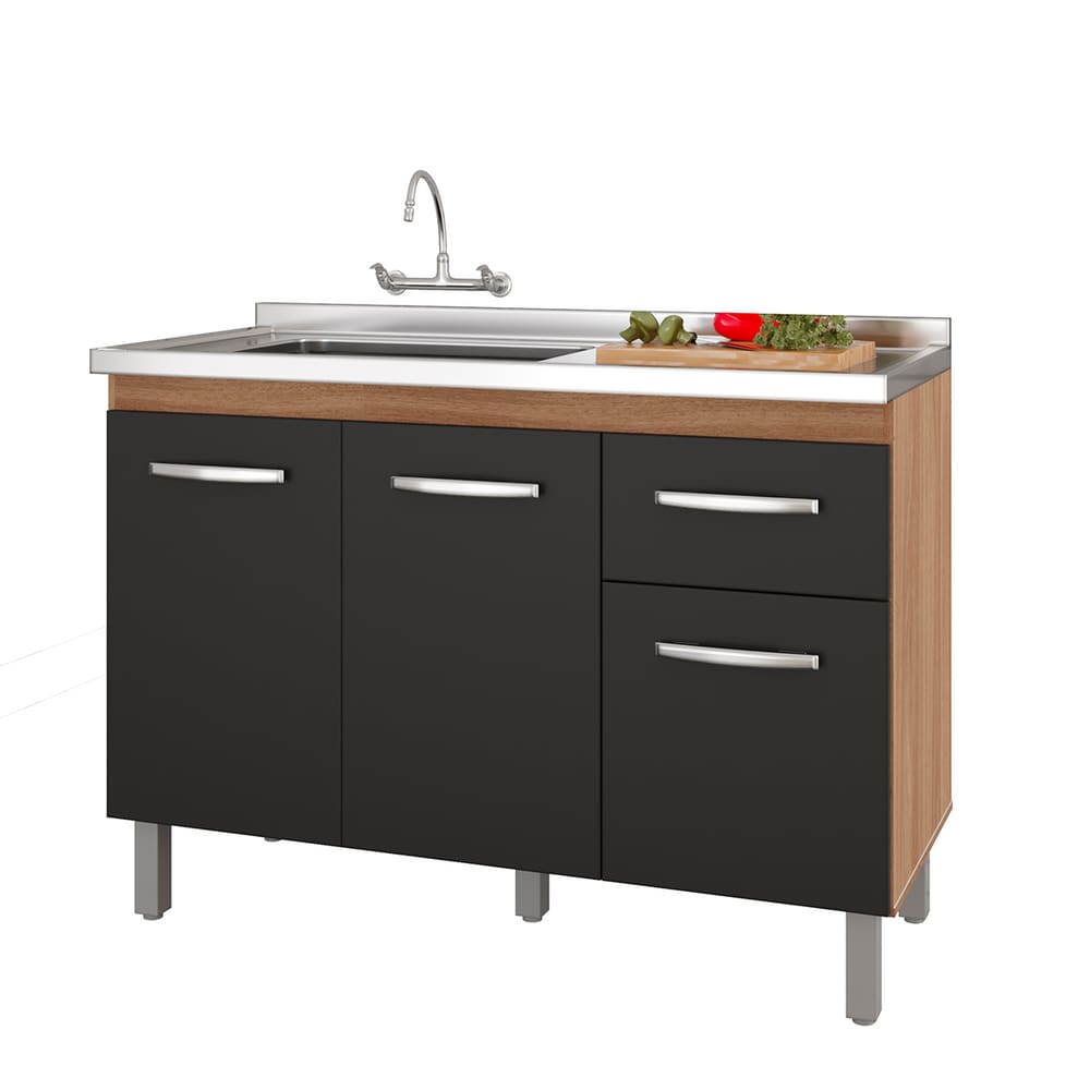 Balcão para Pia de Cozinha Anita 120cm com 3 Portas e 1 Gaveta Savana/preto A21 – Moblis